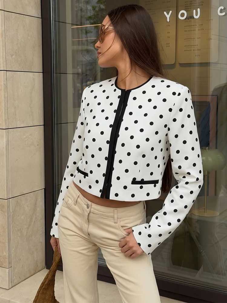 HH Elegant Women's Polka Dot Cropped Blazer 2026 Spring Autumn Long Slve Round Neck Hidden Buckle Slim Fit Chic Suit Jacket T260829