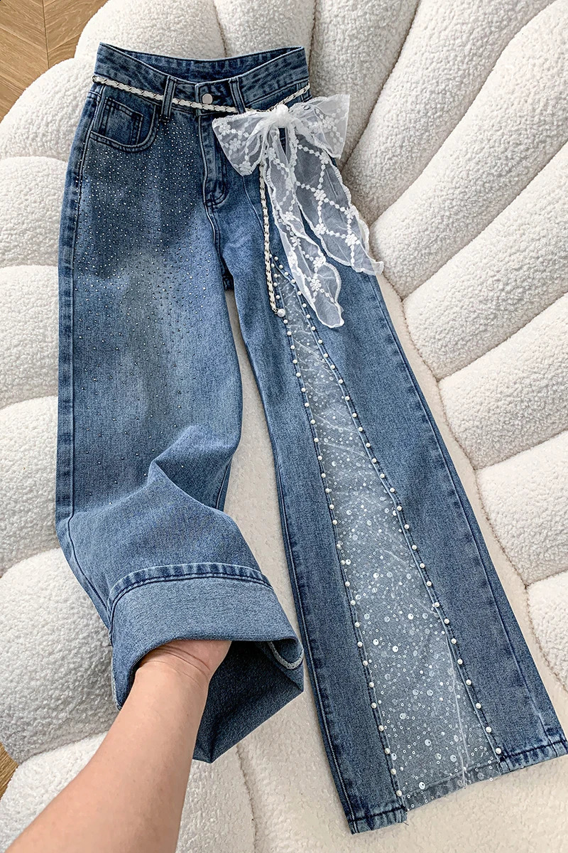 Pantaloni jeans da donna Jeans larghi Pantaloni svasati primaverili Applique in pizzo Gamba larga con spacco di perle effetto consumato n 260918