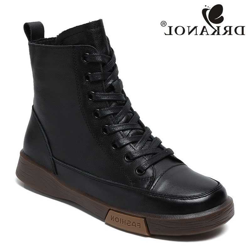 Botas de cuero DRKANOL Botas cortas genuinas para mujer Punta redonda Cuero genuino Estilo callejero hecho a mano Invierno Cálido Botines planos H26