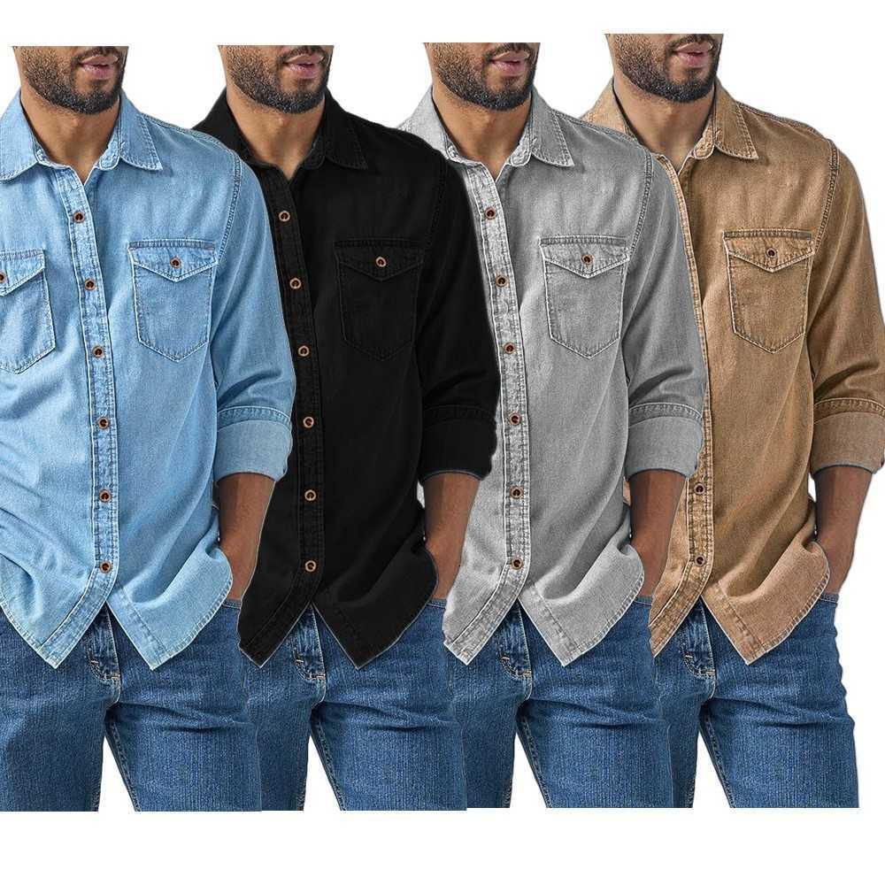 Men's Shirts Men's Denim Casual Shirt Slim Fit Light Blue Long Sleeve Casual Top with Two Chest Pockets Button Front Copper Buttons Washed