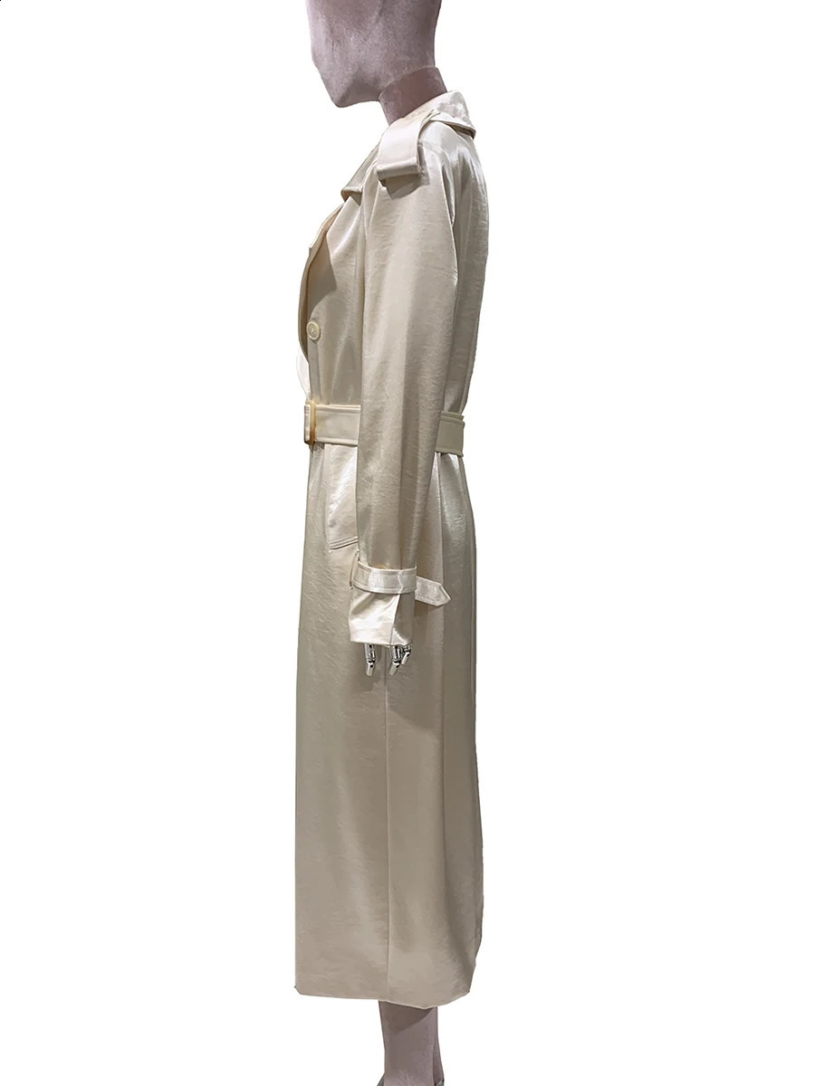 Spring Autumn Long Shiny Flowy Soft Thin Satin Trench Coat for Women Belt Double Breasted Elegant Chic y er Closthes 260921
