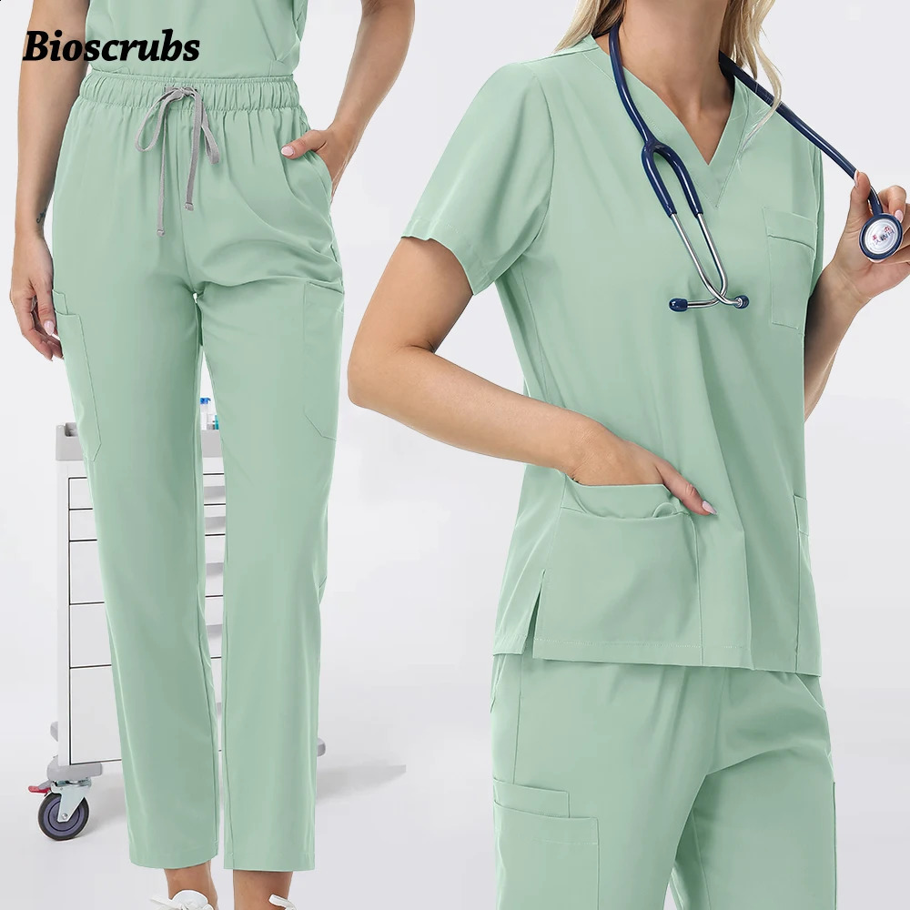 Pantaloni dritti unisex Completo completo in 2 pezzi Divise da lavoro di bellezza Uniformi da donna Abbigliamento da infermiera Tasche Top Pantaloni