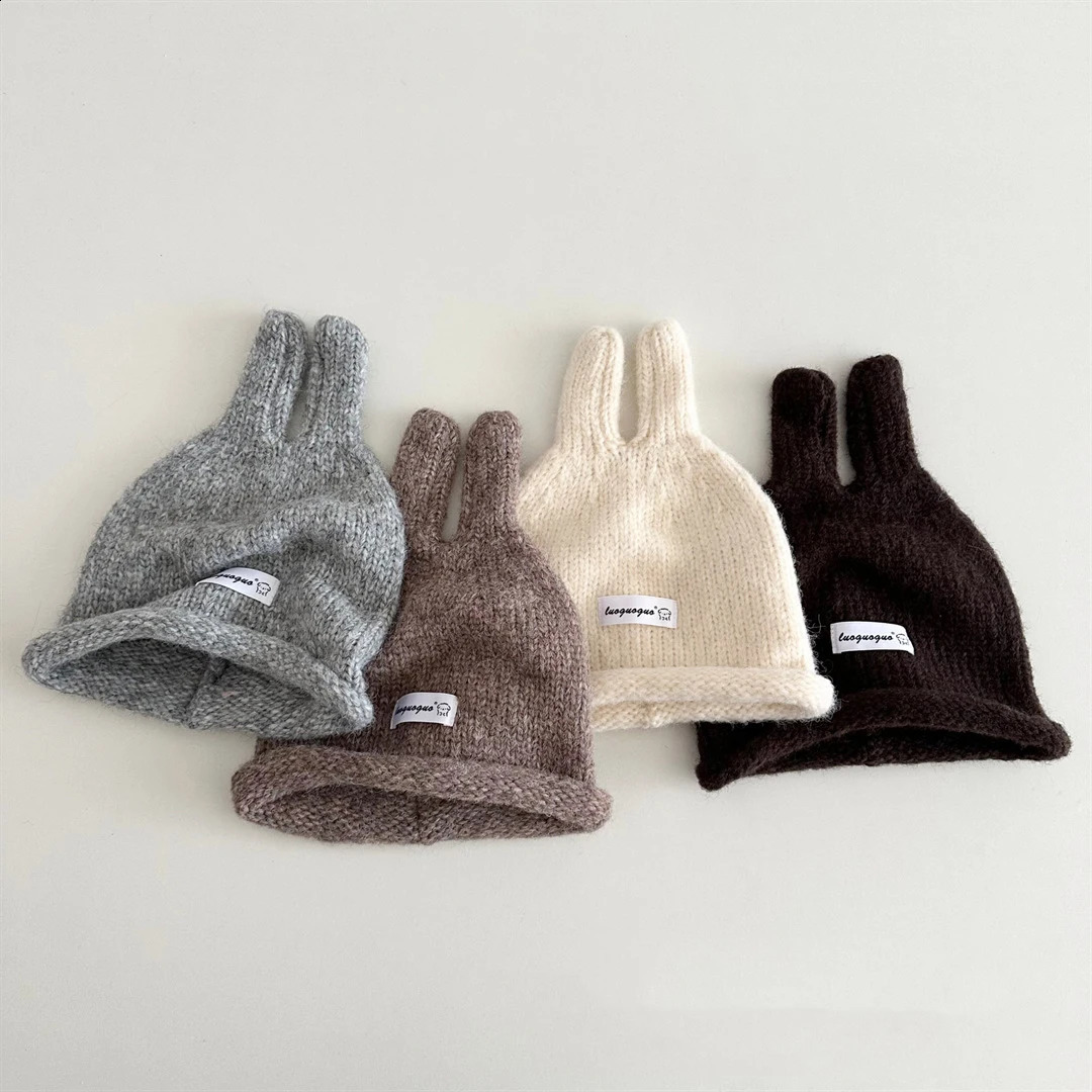 Cute Rabbit Ear Baby Woolen Hat Autumn Winter Rolled Edge Warm Pullover Hat Kids Boys Girls Solid Color Knitted Hat 260920