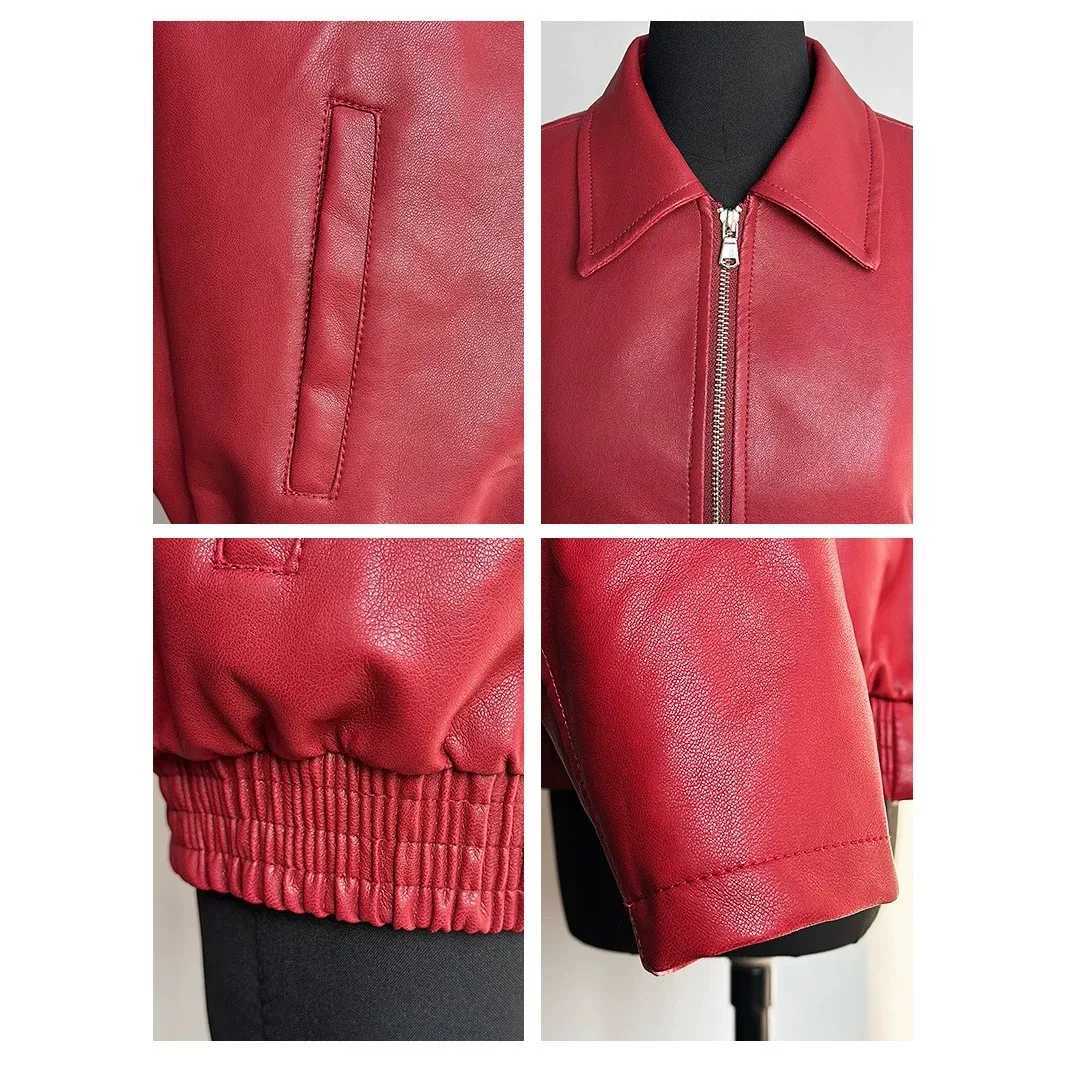 Jackets Women's Rock Style Women's Loose Fit Washed PU Leather Jacket with V Neck Long Sleeve Zipper Closure Solid Color Streetwear Female