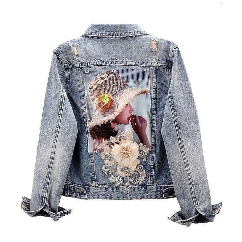 Women's Jackets Spring Autumn Women Denim Vest Jacket New Diamond Flower Long Sleeve Jeans Jackets Girl Short Outwear Vintage Cowboy Tops Femal