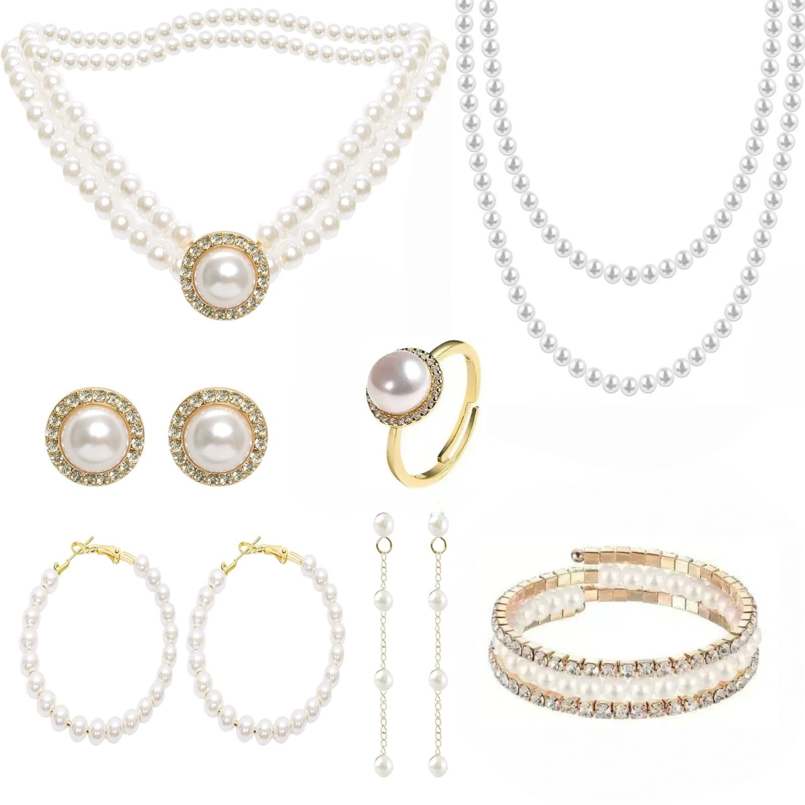 European American fashion jewelry accessories, vintage high-end diamond-studded and earrings, French-style creative pearl necklace set