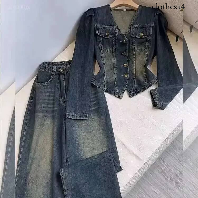 V Neck Denim Coat Wide Leg Jeans Trousers 2 Piece Sets Womens Outfits Y2k Suits Vintage Autumn Winter Jacket Loose Pants