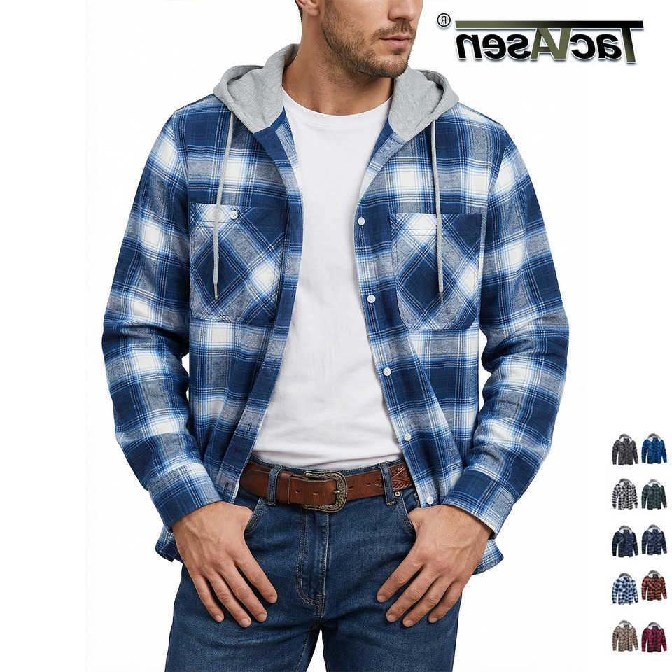 Casual Shirts TACVASEN Men's Men's Flannel Long Sleeve Hoodie Plaid Shirts Lightweight Cotton Button Down Casual Shirts with Pocket 2026 N