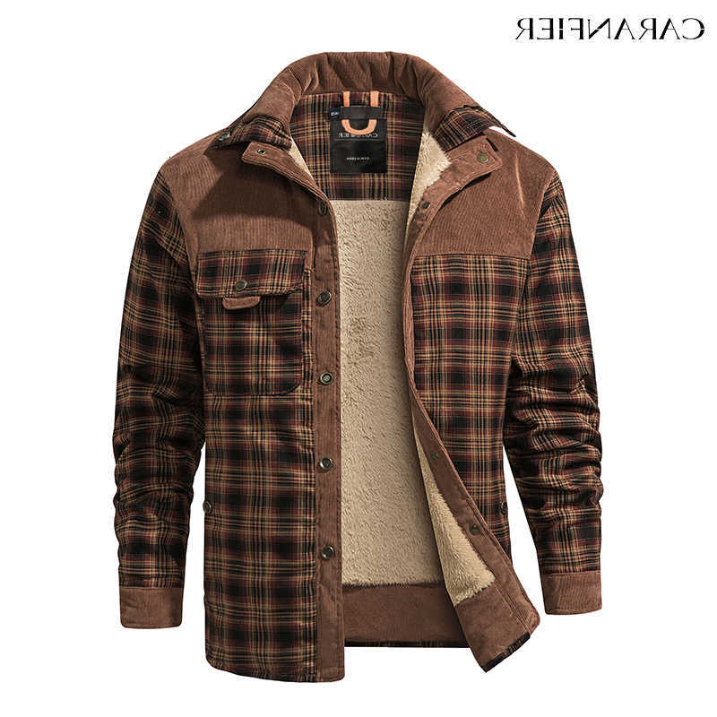 Men Men's Wool Blends CARANFIER Cotton Plaid Jacket Thick Warm Winter Corduroy Patchwork Shirts Male Fleece Lined Metal ButtonJacket D260921