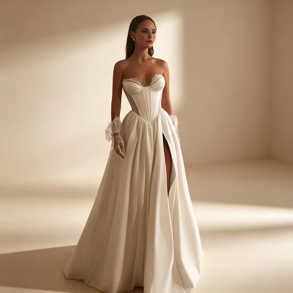 Elegant A-line Wedding Dresses Sweetheart Boho Beach Lace Side Slit Satin Princess Bridal Gown Bride Dress Vestido de Novia Mariage