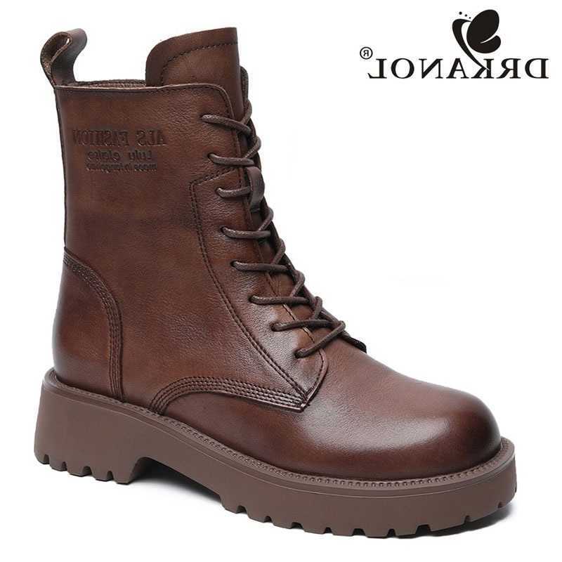 DRKANOL British Style Handmade Boots Winter Women Platform Heel Boots Full Cow Leather Mid Calf Thick Heel Warm Boots H260921