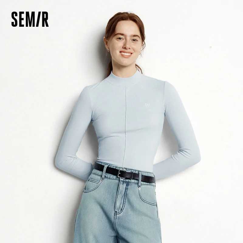 Women's T-Shirt Semir Long Sleeve T-Shirt Women Mock Neck Thermal Slim Fit Brushed Fabric with Embroidery 2025 Winter New Base Layer Q260921
