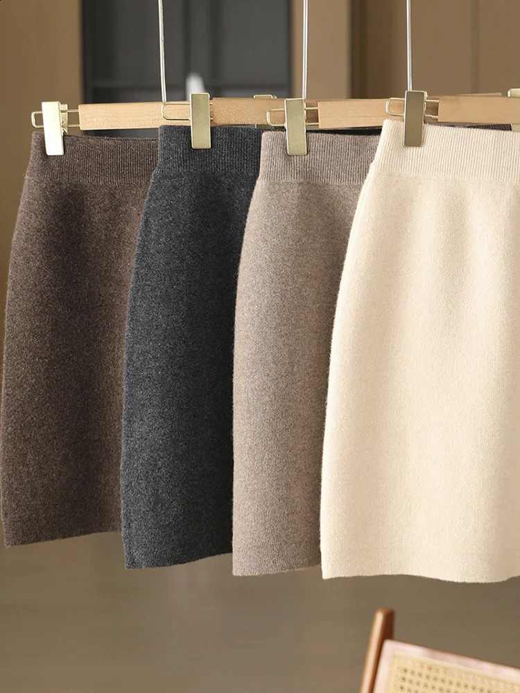 Women Wool Skirts Autumn Winter Office Lady Mini Slim Fit Skirt Elastic Waist 100% Merino Wool Knitted Cashmere Above Knee Dress 260918