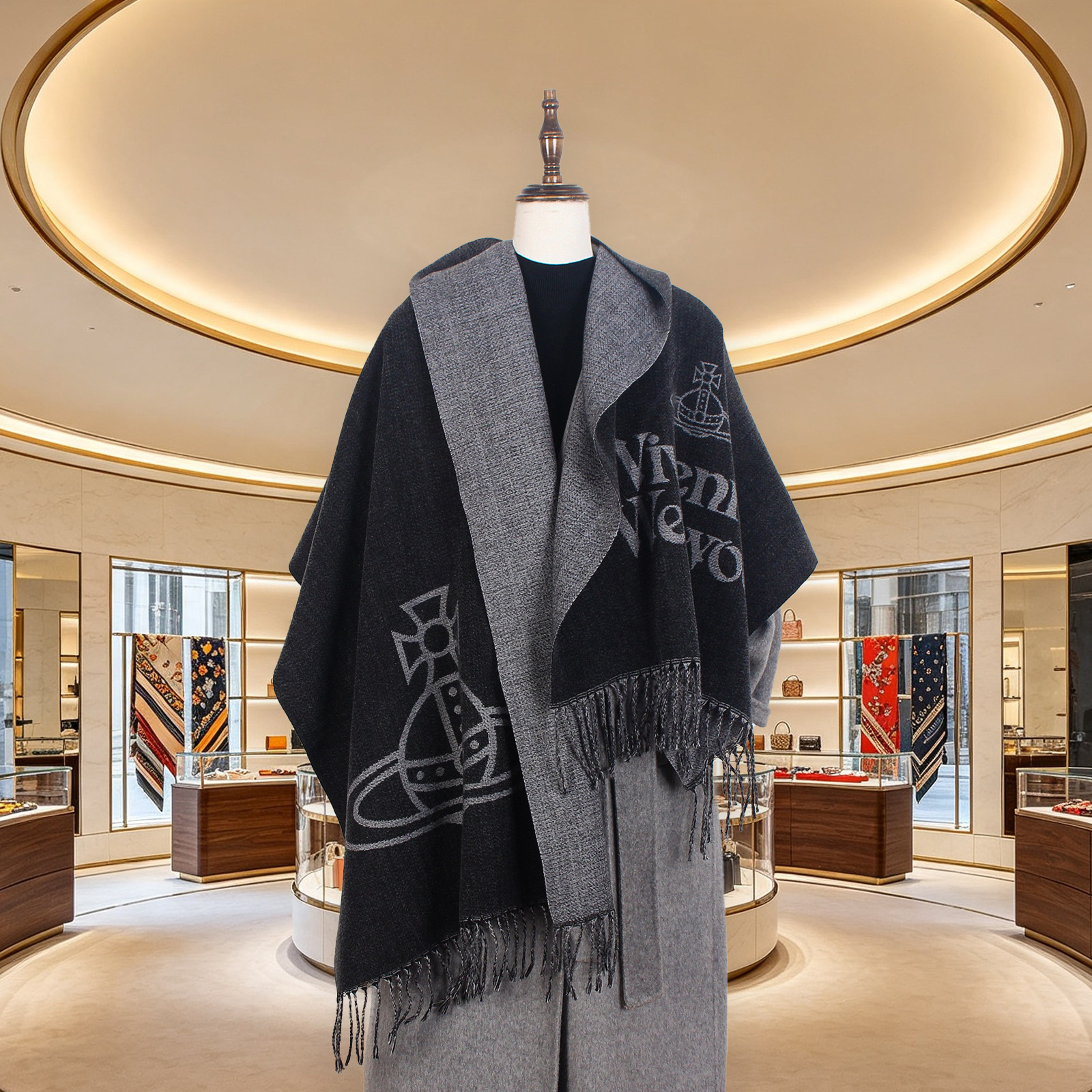new Designer's women's autumn/winter punk style jacquard shawl double-sided tassel wool blend scarf draped in cape style D260923