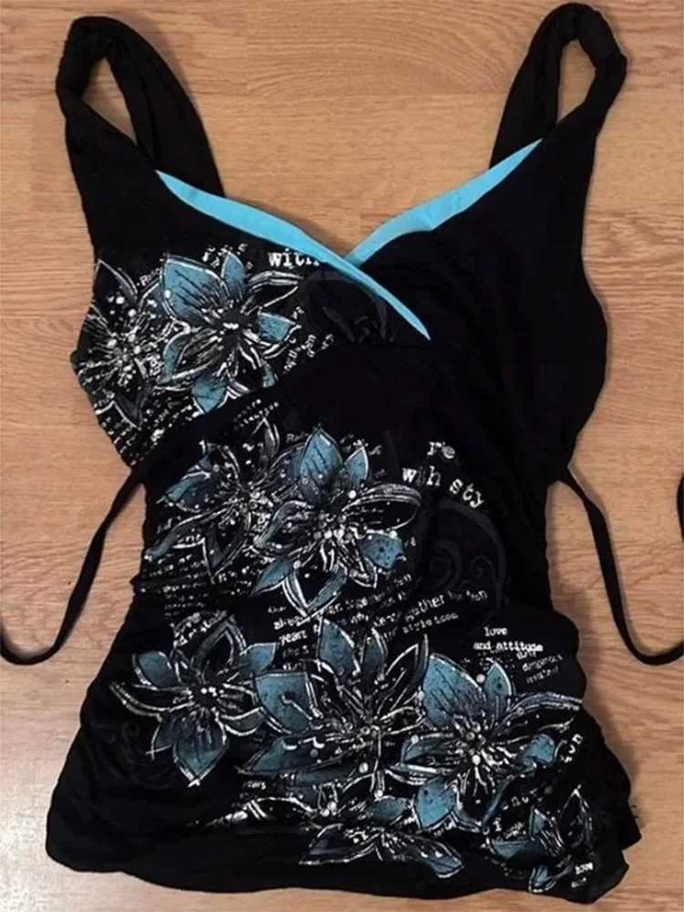 Summer Black Blue Floral Print V Neck Ribbed Side Drawstring Daily Sexy Slim Y2K Retro Trendy Women's Casual Cami Tank Tops L260921H4K5