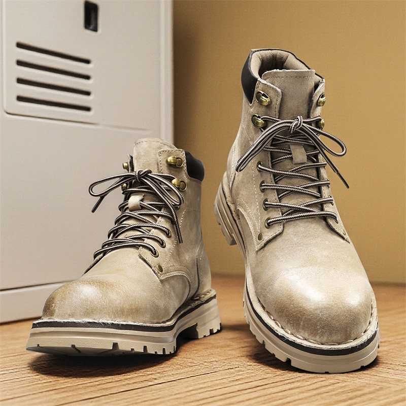 Leather Suede Boots Mens New Boots Fashion Men Ankle Boots Lace Up Outdoor Snow Motorcycle High Top Walking Casual Shoes For Man H260921