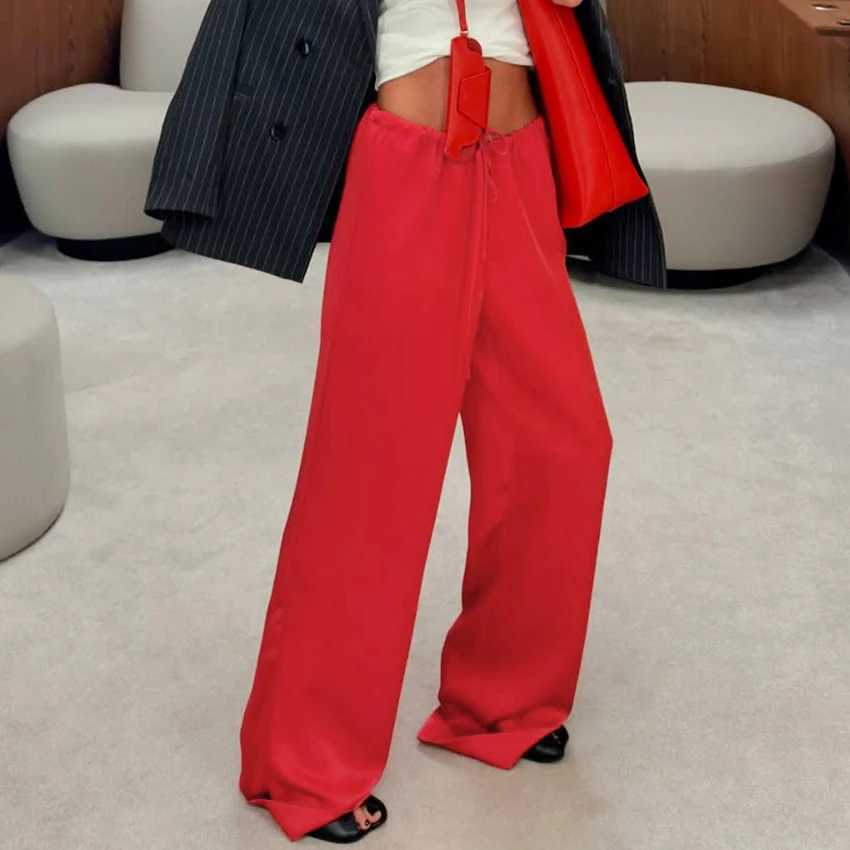 Linad Casual Red Satin Drawstring Trousers Summer Strt Chic Loose Long Pants For Woman 2026 Office Low Waist Wide Leg Pants T260829