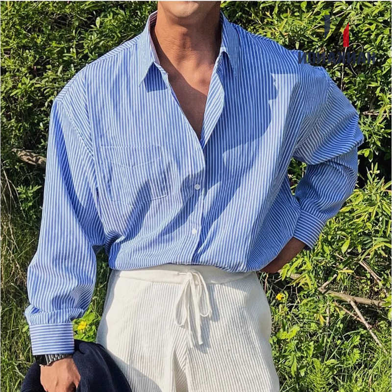 Men's Men's Casual Blue Shirts Vertical Striped Long-Sleeved Shirt Korean Style Casual Shirt CoatTravel Hiking H260921
