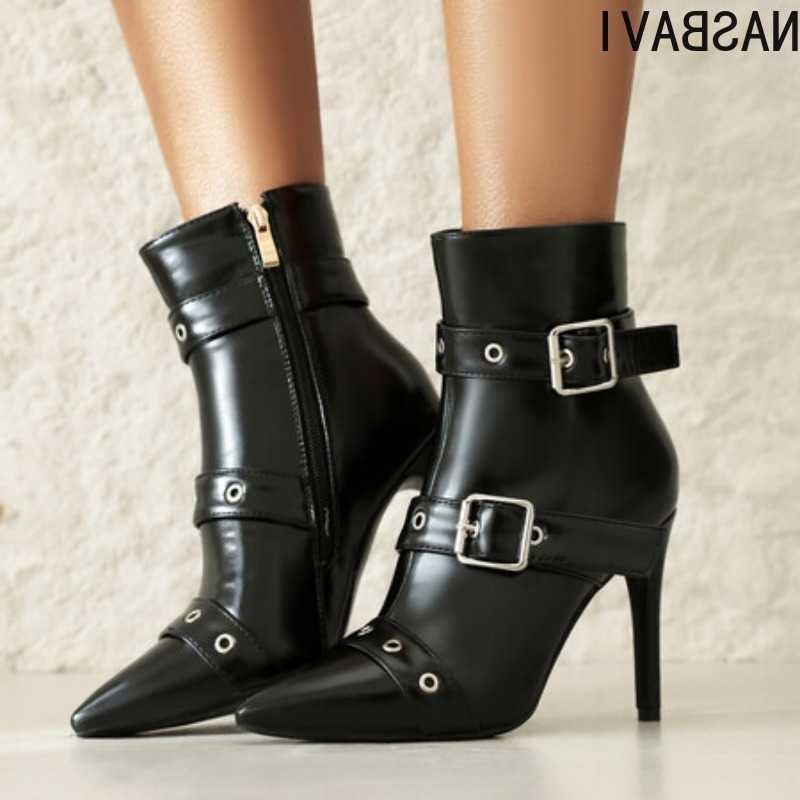 British Boots NASBAVI Style Red Fashion High-heeled Short Boots Pointed Toe Belt Women's Boots High 10cm Size 34-48 H260921