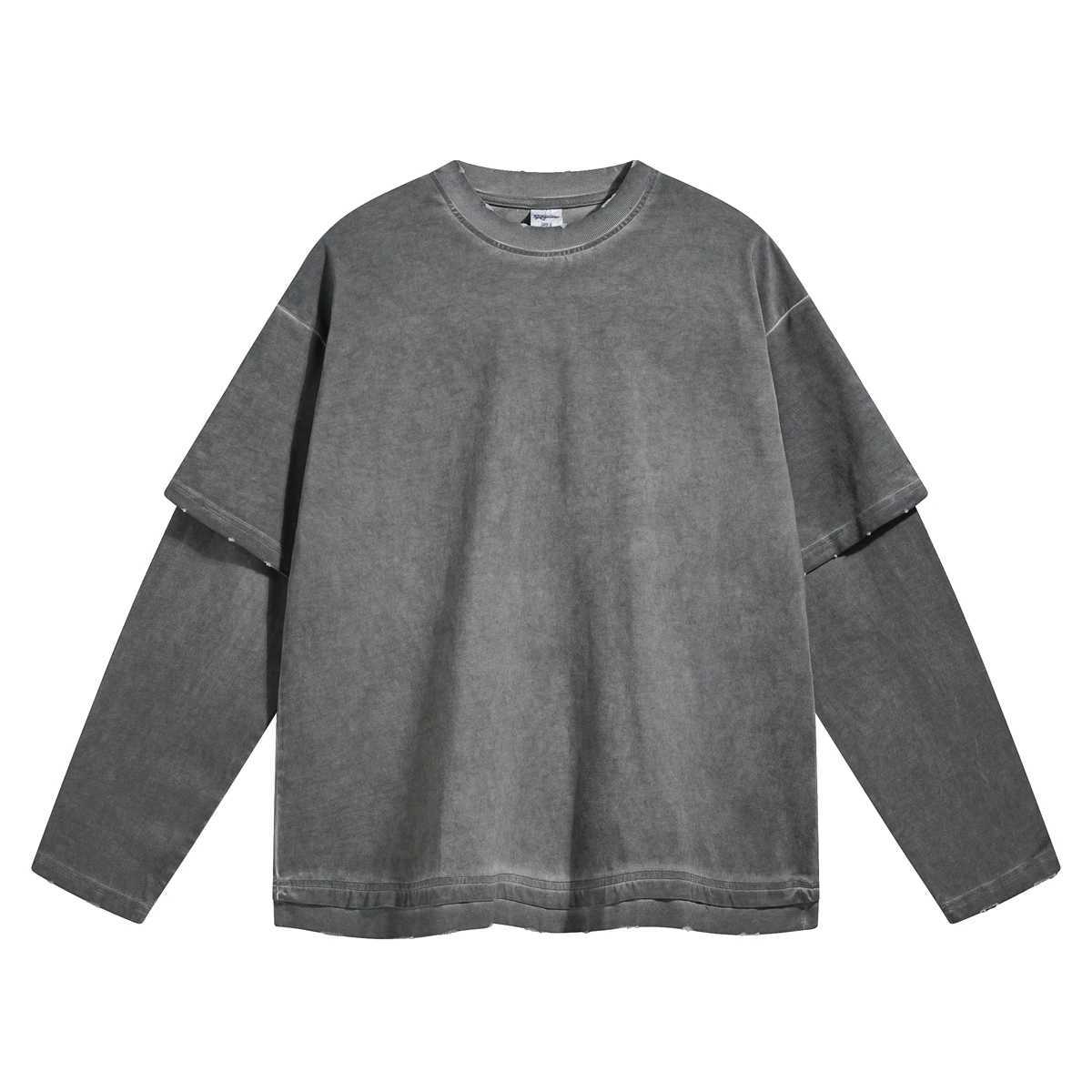 2024 Tie-dyed Fake Two-piece Long Sleeved T-shirt for Men Vintage Washed Trendy Distressed Sweatshirts Women Oversized Clothes S260921HYNG