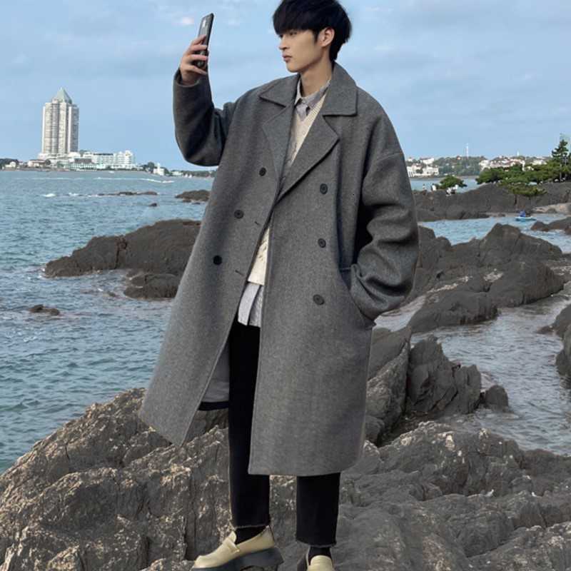 Long Men's Wool Dust Blends Men Winter Korean style Trench Mens Solid Double Breasted Woolen Cloth Coat Loose Casual Trenchcoat Outwear D260921