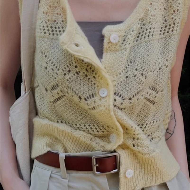 Women's Knitted Hollow out Cardigan Vest Short Thin Spring Outerwear Mouton Sweater Lazy Top V-Neck Button Closure Regular Fit 260918