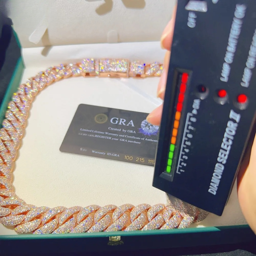 Pass Tester Vvs Moissanite Diamond 18MM 925 Sterling Silver Iced Out Rose Gold Plated Cuban Link Chain