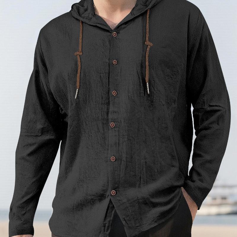 Haut à capuche à manches longues pour hommes avec cordon de serrage et fermeture boutonnée sur le devant - Chemise à capuche ample disponible dan