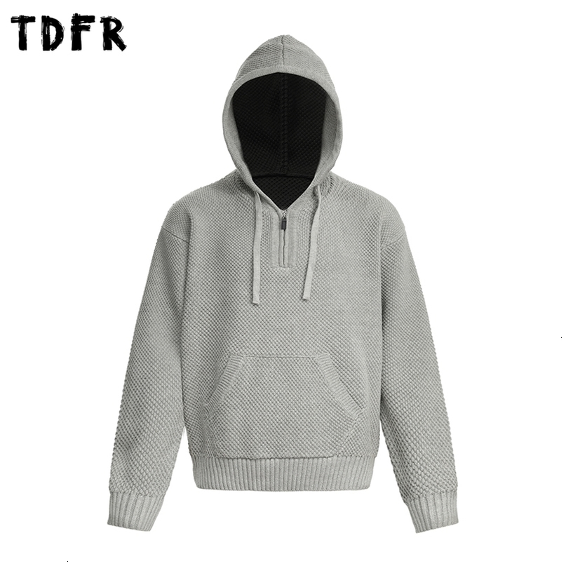 SolidColor Hooded Sweater Mens Autumn Winter Simple Casual Loose Front Pocket Long Sleeve Knitted Man 260920