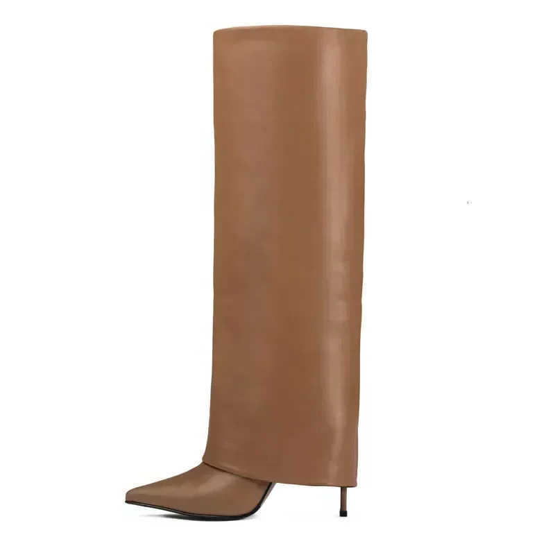 Women's Boots American 2024European and Knee High Leather Boots Pointed Slim High-heeled Skirt Boots Black Plus Size Long Boots H260921
