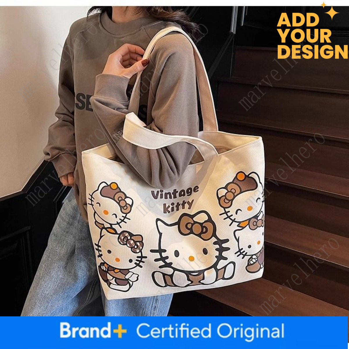Sanrio Tote Retro Hello Kitty Bag, Zipper Design, Light And Large Capacity, Suitable For Daily Commuting, Shopping, Traveling, Going To The Library
