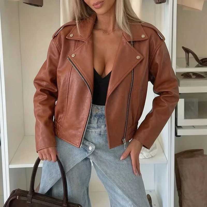 Collar Women's Jackets Vintage Lapel Zipper Leather Jacket Office Temperament Long Sleeve Solid Color Outerwear Casual Street Motorcycle PU Coa