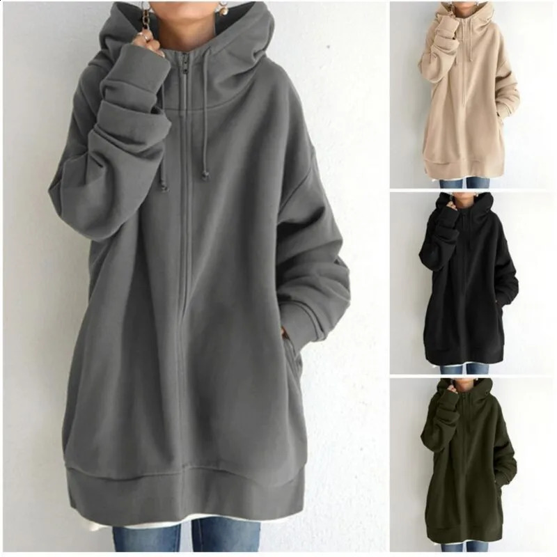 Fall Womens Hooded Sweatshirt Solid Loose Long Sleeve Zipper Coat For Women Versatile Fashion Winter Casual 260921