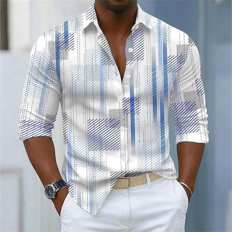 Casual Shirts Men's Shirt Men's with Simple Geometric Lines Printed in Contrasting Colors Loose Long-Sleeved Top Daily Casual Versatile Sh