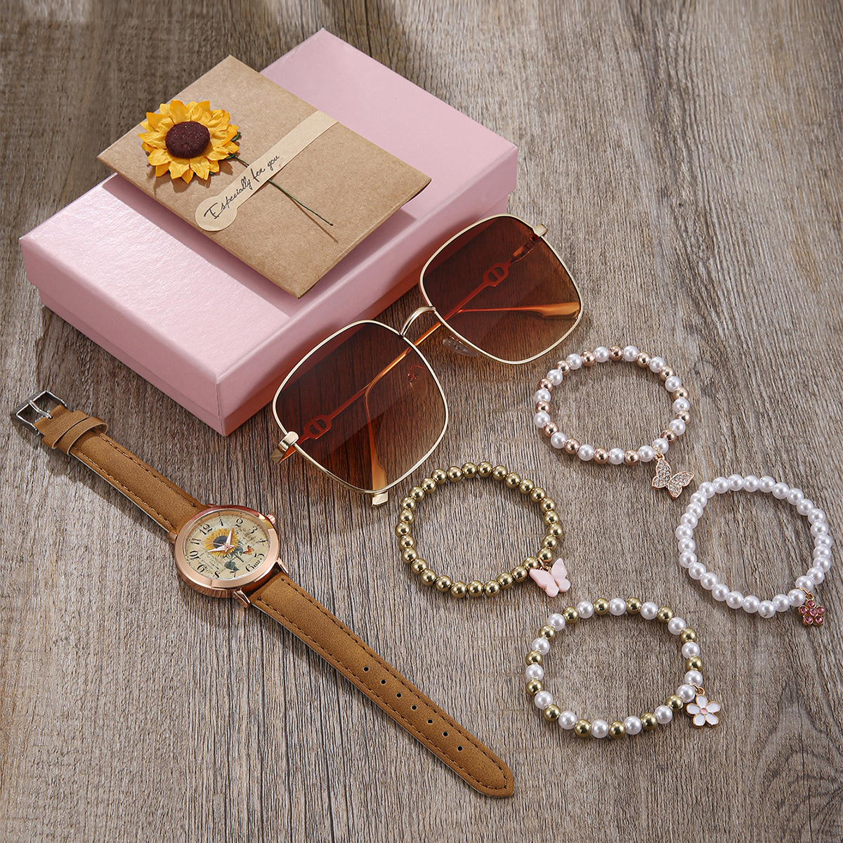 Women Wrist Watch 2026 New Cross-Border Business Belt Quartz Men's Watch quartz Pearl ladies Butterfly Bracelet Sunglasses 7-Piece Gift Box Set