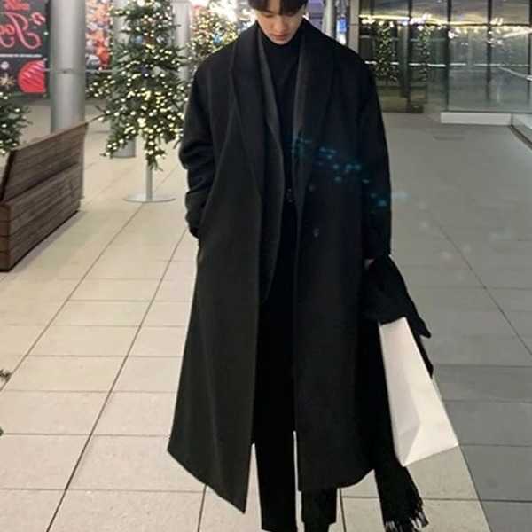 Wool Blends Men Oversized Men's Lapel Long Wool Blend Coat Loose Open Front Maxi Trench Overcoat Streetwear Casual Solid Black Long Outerwear D