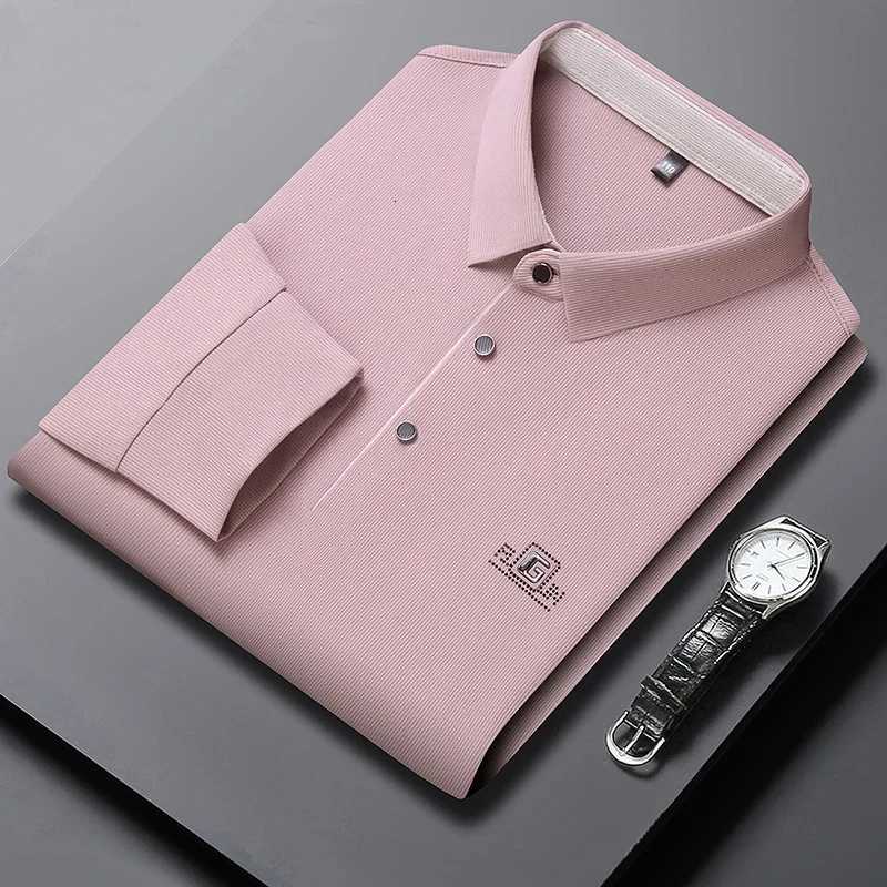 Casual Shirts New Men's Men's Business Casual Long Sleeved Shirt with Badge Solid Color Polo Shirt Fashionable Breathable Comfortable Vers