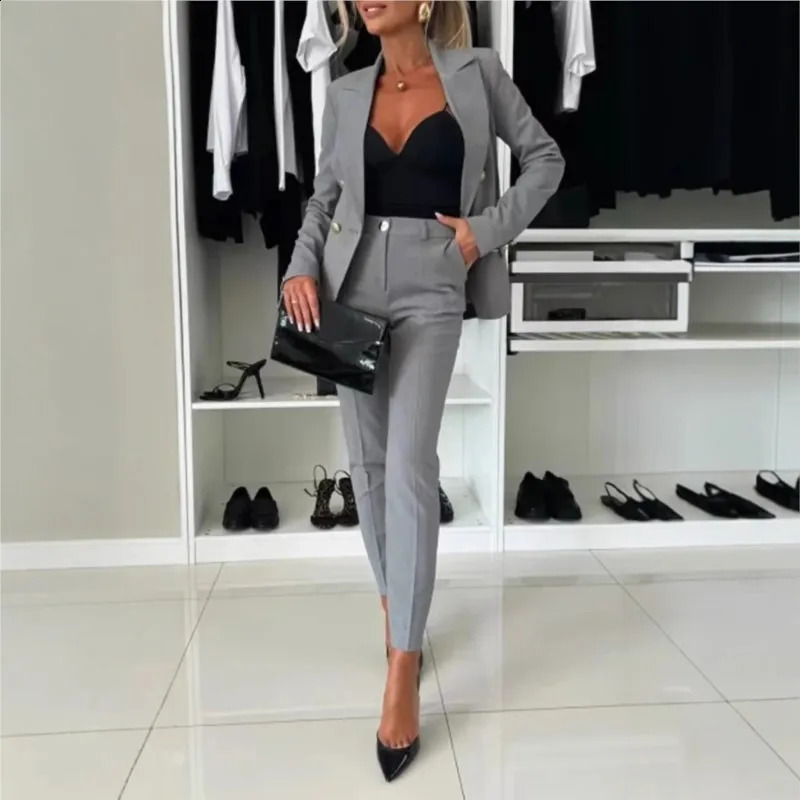 Office 2 Piece Sets Woman Spring Fall Fashion V-neck Long Sleeve Blazer Coat Elegant Trousers Set Slim Temperament Suit Outfit 260920