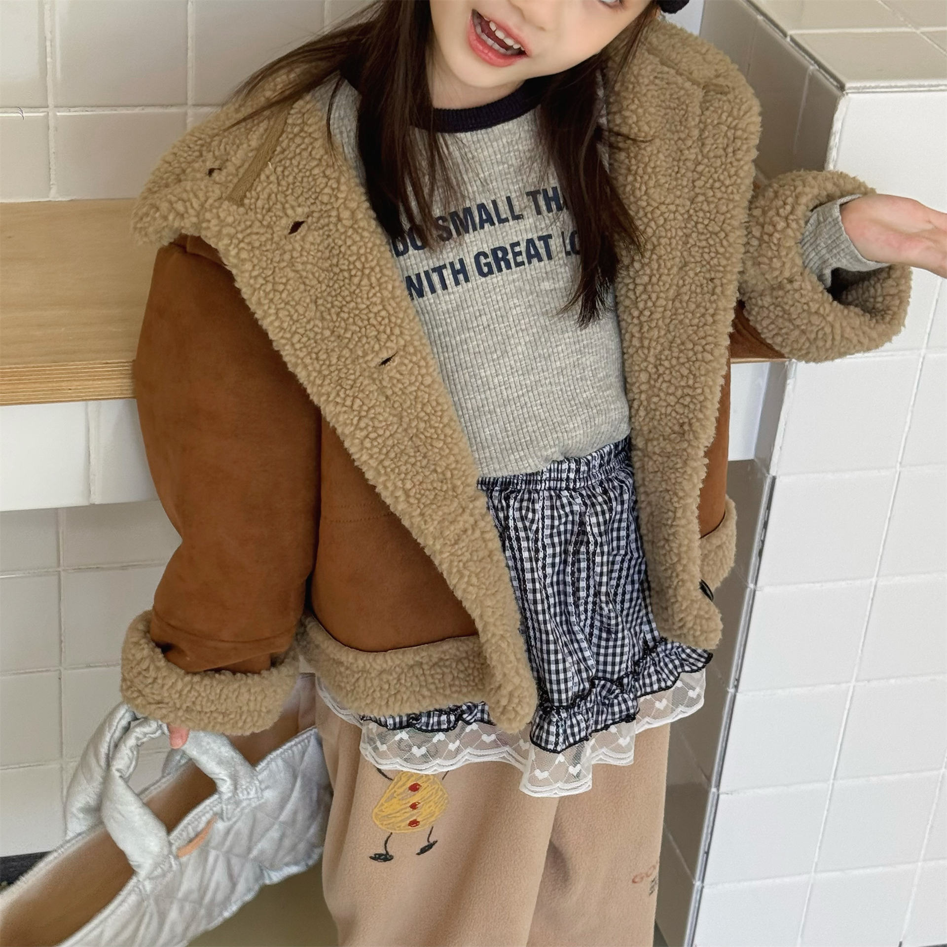 Kids Lapel Suede Sherpa Jacket Double Breasted Button Thick Warm Winter Coat For Boys Girls