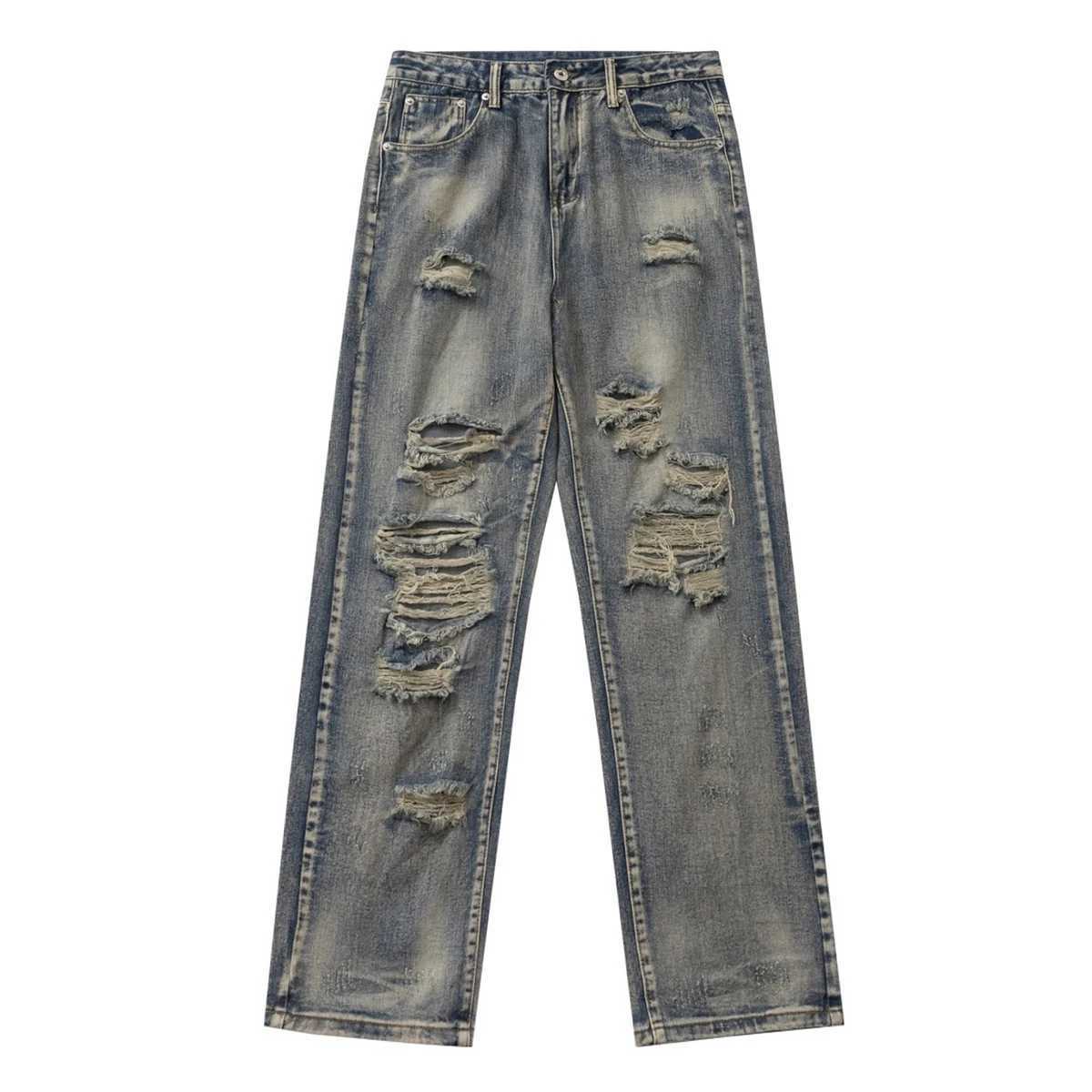 Men's Vintage Washed Distressed Ripped Tapered Jeans Slim Fit Straight Leg Destroyed Denim Pants Streetwear Y2k Jean Trousers S260921508E