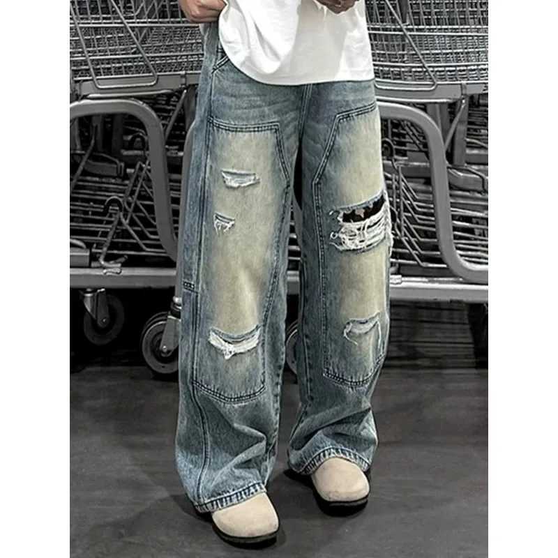 Pantaloni da uomo Jeans da uomo Pantaloni pesanti lavati multitasche stile carpentiere Pantaloni in denim larghi dritti Casual Fit High Street S2609