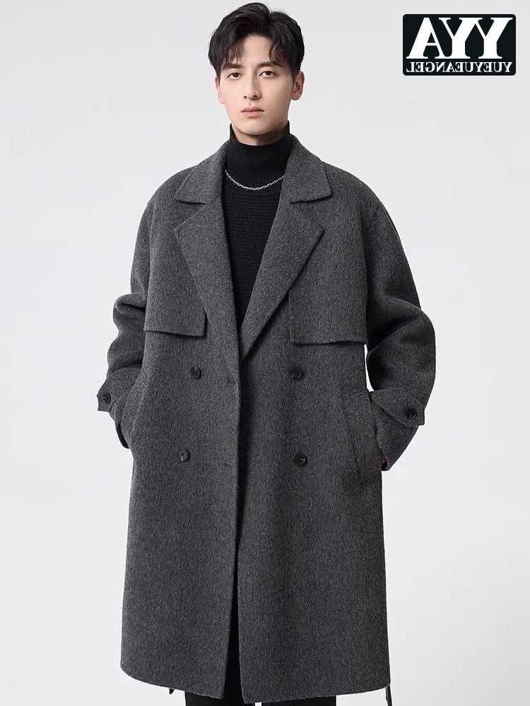 Wool Blends Winter Mens Men's 70% Wool Blends Coat Loose Fit Belted Double Breasted Long Woolen Coat New Business Work Windbreaker Trench Overc