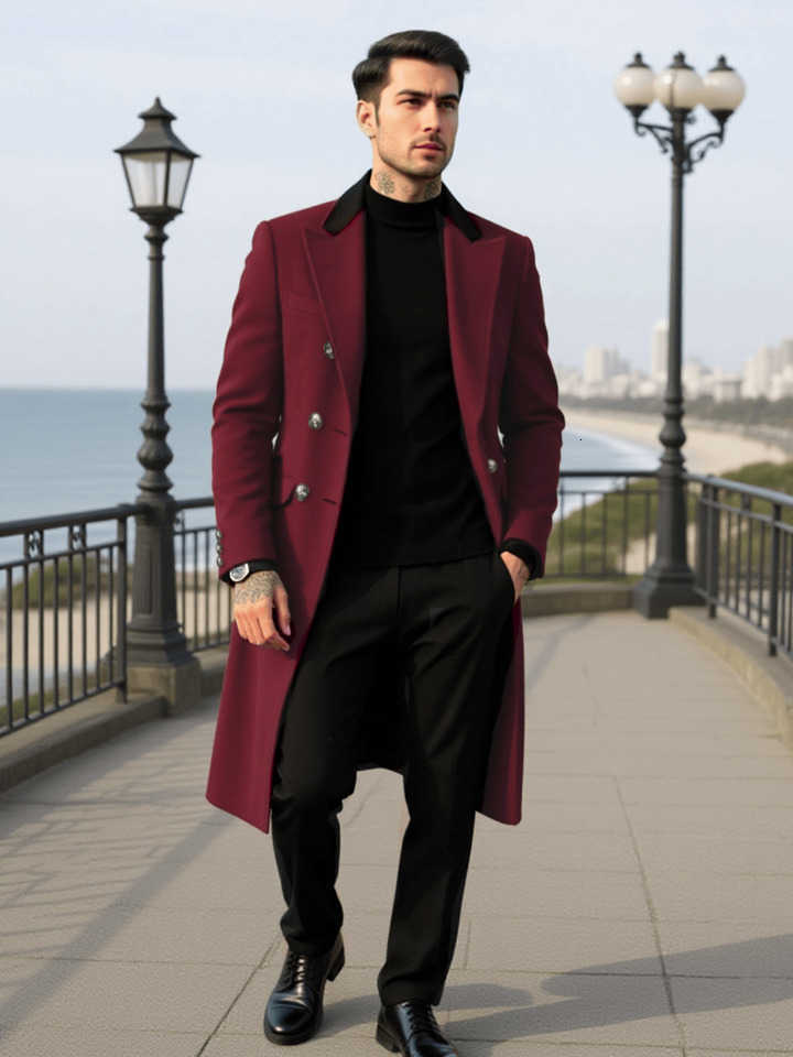 Wool Blends Men's Double-Breasted Men's Wool Overcoat Thickened for Extreme Cold Patchwork Windbreaker Coat Windproof Street Style Tailori