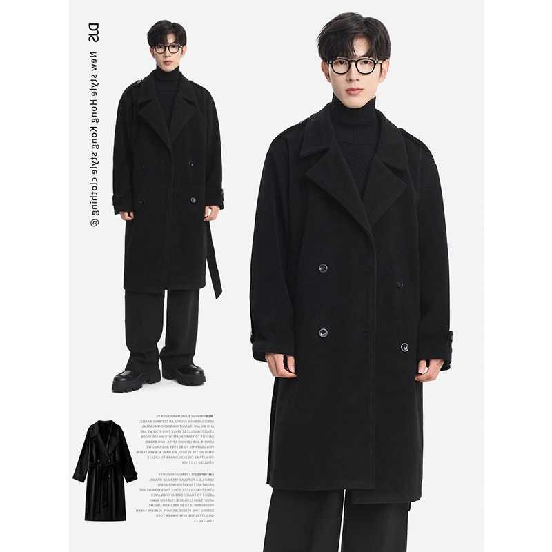 Korean Blends Men's Style Wool Long Over-Knee Woolen Coat Men's Loose Lapel Coat Winter Casual Outerwear Polyester Fiber 100% D260921