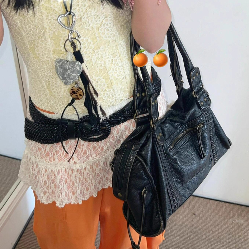 Free Shipping Cross-Border Exclusive Large Capacity Women's Motorcycle French Retro Single Shoulder Crossbody Underarm Tote Washed Bag For Wome
