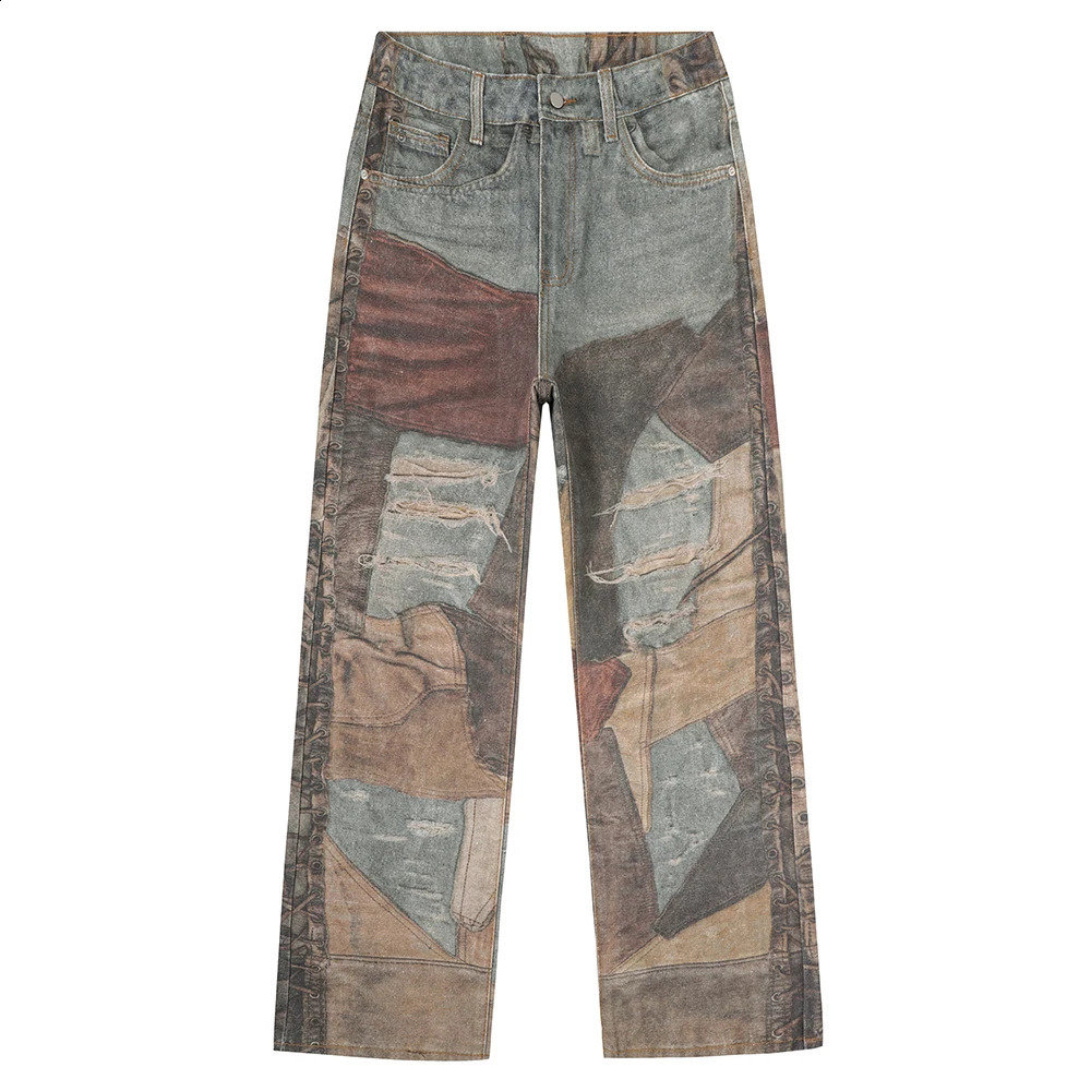 Jeans da uomo in denim con stampa vintage modello patchwork di moda con fori pantaloni strappati strappati pantaloni larghi dritti non elasticizzati