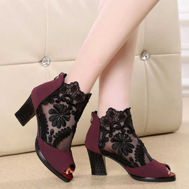Heels Boots Sexy Women's High Shoes Fashion Black Women Boots Lace Peep Toe Sandals Mesh Breathable Platform Shoes Female Plus Size 43 H260921