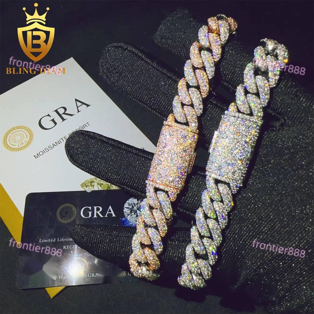 Moissanite Setting Hip Hop Sterling Silver 925 Iced Out Moissanite Diamond 12mm 15mm Fine Jewelry Miami Cuban Link Chain Bracelet