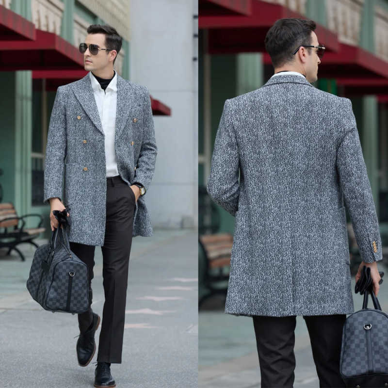 Modern Men Long Coat Herringbone Wool Blends Overcoat Double Breasted Winter Autumn Warm Men's Suits Customized High Quality