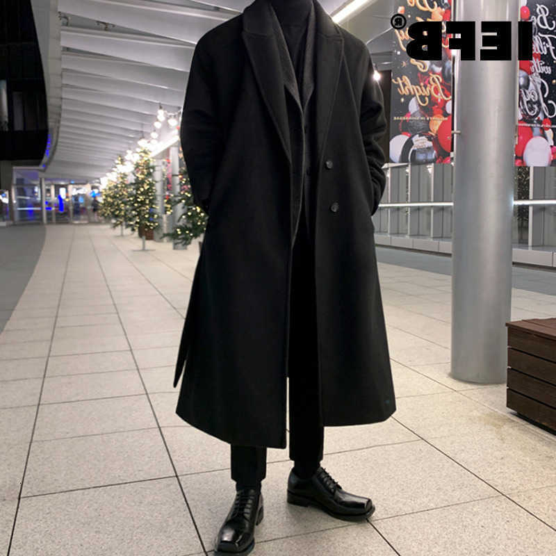 Casual Blends IEFB Men's Wool Autumn Male Korean Style Woolen Coat Solid Color Lapel Single Breasted Overcoat With Belt Over Knee Length 9D1655